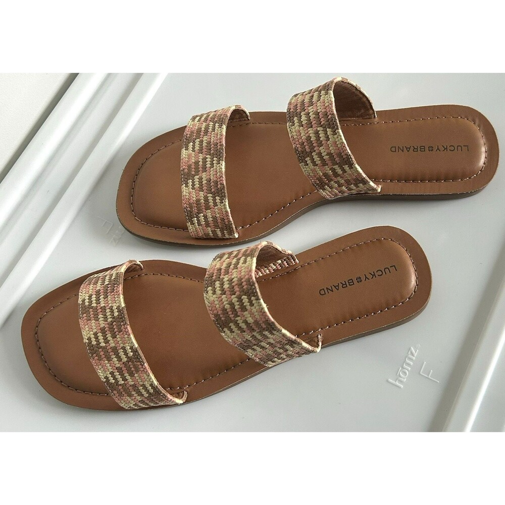 Lucky Brand Brown Yellow Pink Double Strap Slip On Flat Sandals Women's Size 11